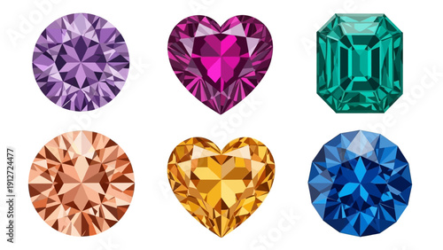 six colorful faceted gemstones round heart emerald cuts isolated on white background perfect for jewelry and luxury design.