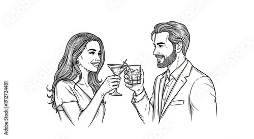 This elegant couple toast celebration line illustration represents romance, relationships, and special occasion moments in a refined hand-drawn style. The artwork shows a man and woman holding glasses