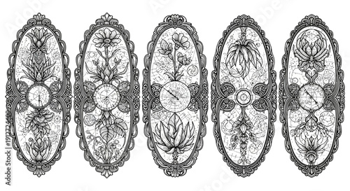 steampunk gothic illustrations featuring botanical clockwork designs intricate flowers gears and celestial patterns within ornate oval frames for vintage occult-themed art.