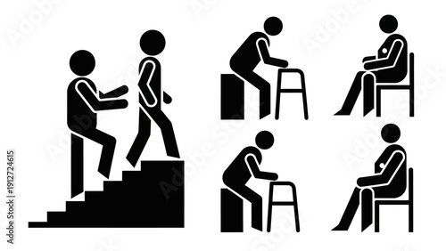 stick figure icons symbolizing elder care featuring patient assistance mobility support with a walker and medical consultations.