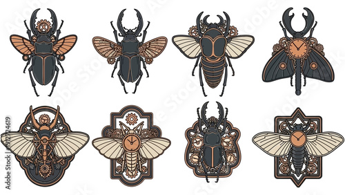 steampunk insects mechanical beetles and moths with intricate gears cogs and clock faces isolated on white for victorian fantasy designs.