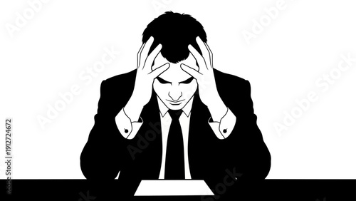 stressed businessman in a suit holds his head at a desk illustrating corporate burnout work pressure and mental health challenges