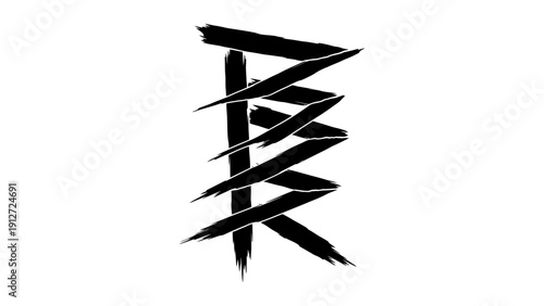 stylized black rune symbol with distressed brushstroke texture on white evoking ancient viking pagan mysticism and raw strength.