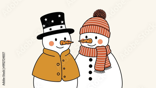 two cute cartoon snowmen standing side by side smiling with carrot noses and rosy cheeks on a minimal light background representing the joy of winter holidays and festive christmas cheer.