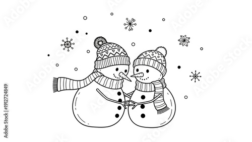 two cute snowmen wearing cozy winter hats and scarves holding hands lovingly in falling snow a heartwarming line art for festive holiday designs.
