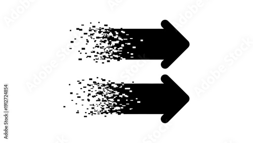 two black arrows transforming into pixel fragments representing data transfer digital progress and technological advancement.