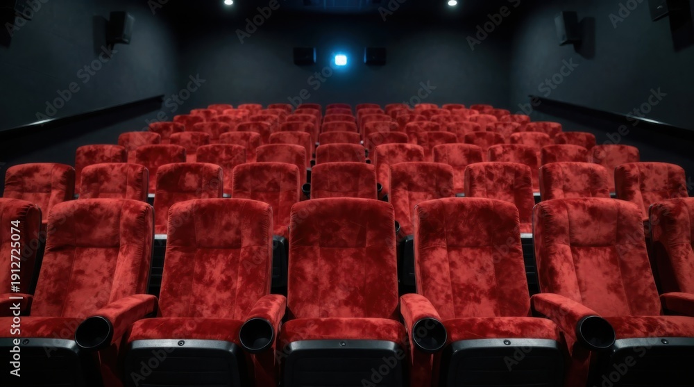 Obraz premium Empty Movie Theater with Red Seats: Cinema Interior for Entertainment Industry Marketing