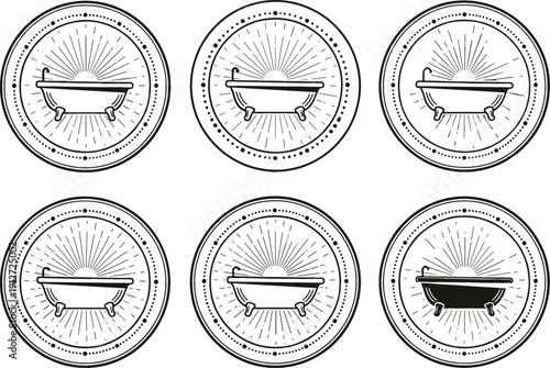 Vintage ceremonial bowl emblem set with radiant sunburst rays and circular decorative black line art vector design