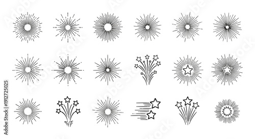 vector line art sunburst fireworks icons depicting radiating light and starbursts for graphic design celebration and branding.