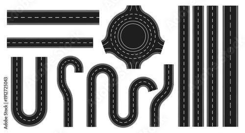 vector road elements kit straight curved u-turn s-curve roundabout patterns for map and game design.