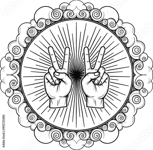 Vintage peace hand gesture emblem with radiant rays and ornamental circular frame detailed black line art vector design