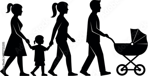 Side view silhouette of a happy family with two mothers, a young daughter, and an infant in a baby stroller.