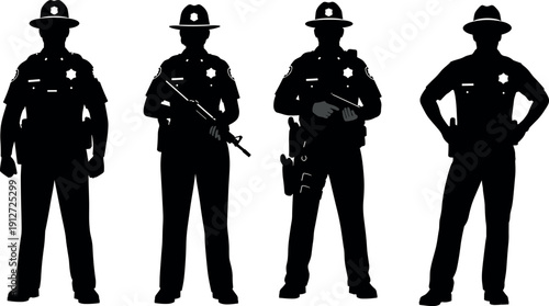 Silhouette Illustration of Four State Patrol Officers in Uniform with Campaign Hats Tactical Gear and Various Law Enforcement Standing Poses