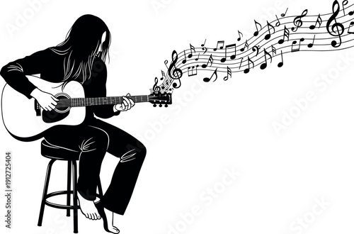 Silhouette of a girl playing acoustic guitar on a stool with musical notes flowing like smoke from the guitar headstock.