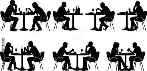 Silhouettes of people and couples dining at restaurant tables eating food and drinking wine in various poses on white background