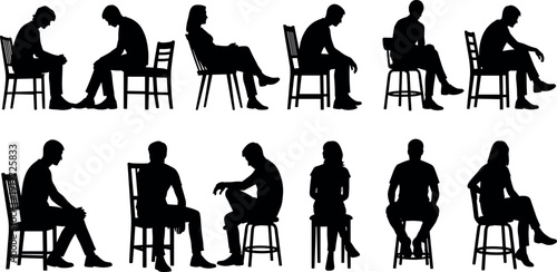 Silhouette Vector Set of People Sitting on Chairs and Bar Stools in Various Poses for Interior Design and Lifestyle Concepts