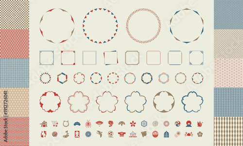 和モダンのフレームとアイコンと和柄のセット素材集