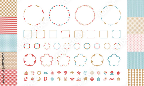 和モダンのフレームとアイコンと和柄のセット素材集