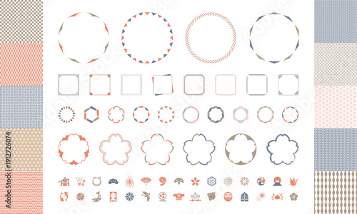 和モダンのフレームとアイコンと和柄のセット素材集