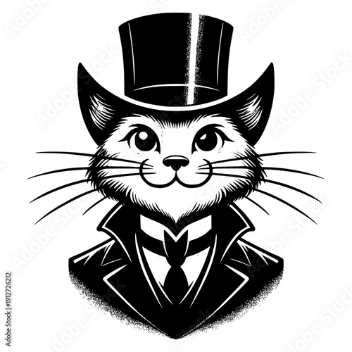 Sophisticated Feline: A dapper cat sports a top hat and a tuxedo. Capturing the feline's unique charm, and a touch of vintage flair.