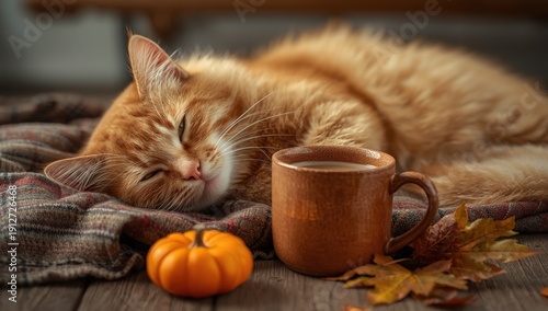 A ginger cat dozing by a coffee cup on a cozy plaid blanket, evoking an autumn morning feel