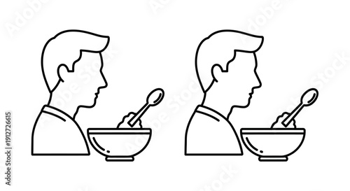 Two men eating soup from bowls with spoons, minimalist line art, black and white Vector
