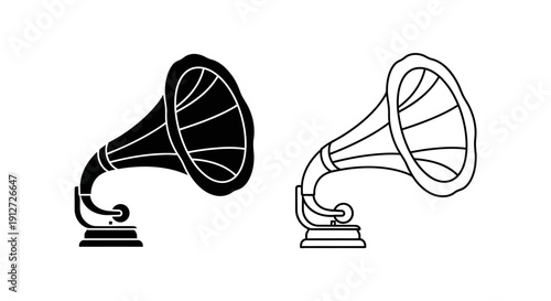 Vintage gramophone icon set, retro music equipment illustration, black and white Vector