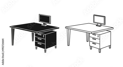 Modern office desks with computer setup for productive workspace Vector