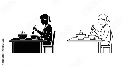 Two people eating at separate tables, social distancing, dining alone, meal alone, table, food, bowl, spoon, chair, person, illustration, black and white, simple, minimalist Vector