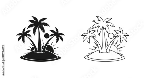 Tropical island illustration, palm trees, beach scene, summer vacation Vector
