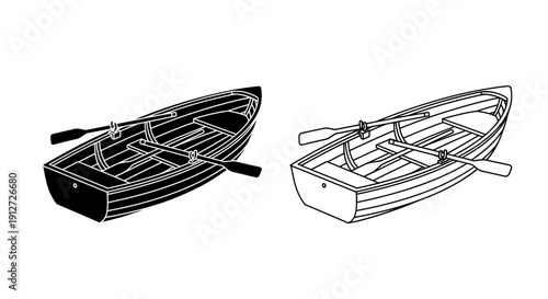 Vintage wooden rowboats illustration, classic nautical design, vintage style drawing Vector