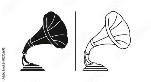 Vintage gramophone icon set, retro music equipment illustration, black and white Vector