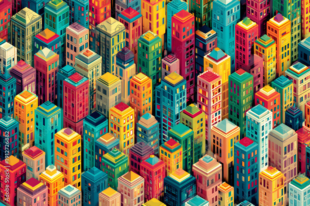 Fototapeta premium Colorful buildings densely packed in a vibrant urban cityscape during daylight hours