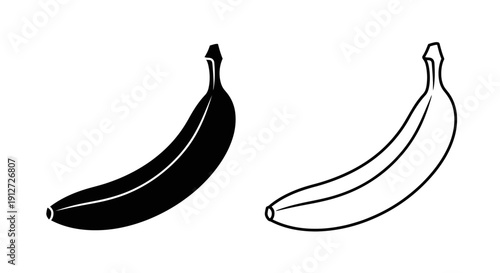 Two bananas, one ripe one unripe, black and white line drawing, illustration Vector