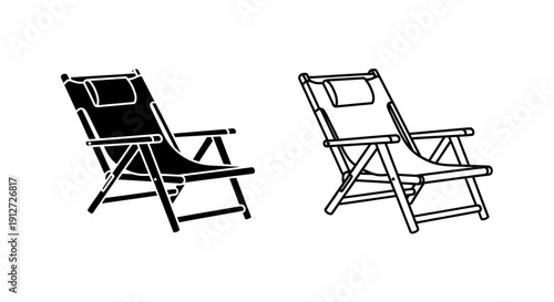 Two black and white lawn chairs on a white background Vector