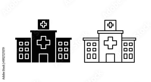 Hospital icons, medical buildings, healthcare facility, clinic symbols, medical center Vector