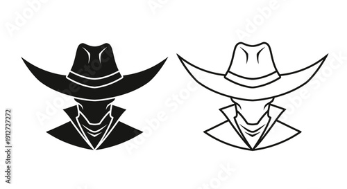 Black and white cowboy hat with scarf design, western style, minimalist art Vector