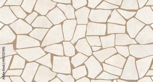 Mediterranean stone wall texture, cream flagstone mosaic pattern, seamless beige rock masonry background for architectural 3D rendering