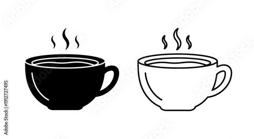 Two cups of coffee, one black and one white, with steam rising from each. Vector