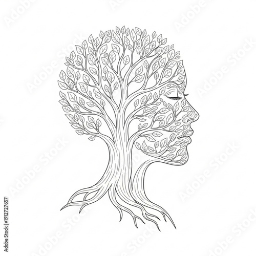 A minimalist line art illustration of a human face with a tree growing out of it, symbolizing growth and harmony with nature.