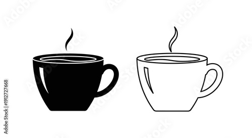 Two coffee cups, one black one white, with steam, minimalist design, black and white Vector