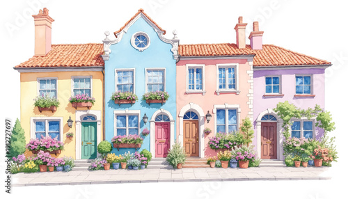 Colorful row of residential houses with flowers.