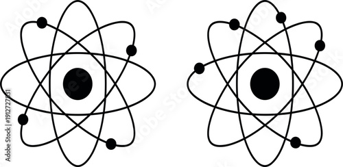 Atomic structure icon set with electron orbit symbol, physics science concept, minimal black and white vector illustration