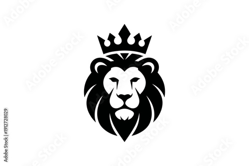 A regal lion's head with a crown in a minimalist black and white vector design