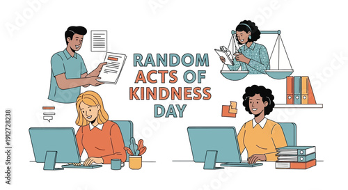 Illustration of people engaging in random acts of kindness, with a vector graphic style, conveying appreciation and empathy through selfless actions in an office setting with a contagious