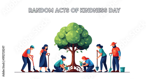 Illustration of diverse people performing random acts of kindness by planting a tree together on Random Acts of Kindness Day with a mix of gardening tools and a bucket, conveying