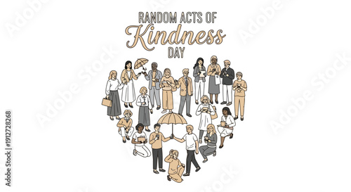 Illustration of diverse people engaging in acts of kindness on Random Acts of Kindness Day with a heart-shaped composition and warm tones conveying appreciation and empathy.