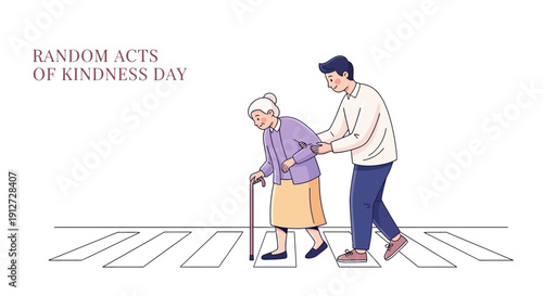 Vector illustration of a young man assisting an elderly woman with a cane, crossing a street on Random Acts of Kindness Day, conveying appreciation and empathy.