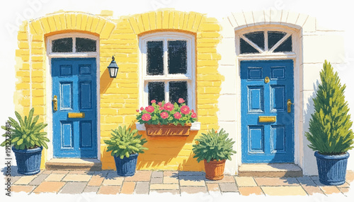 A charming house with blue doors and potted plants on the front porch area.