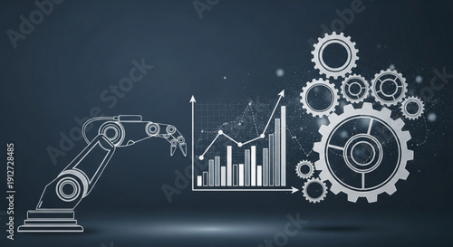 Industrial robotic arm with gears and growth charts on dark background symbolizing automation and business efficiency